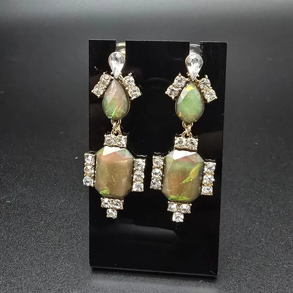 Green Iridescent Rhinestone Earrings Dangle Drop Glam